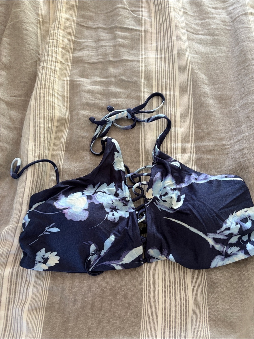 Athleta Navy Blue Floral Lace-Up Bikini Top